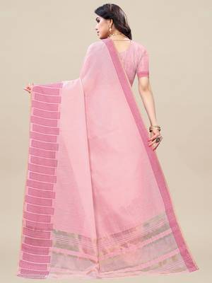 Pink woven linen saree with blouse 2