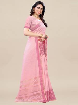Pink woven linen saree with blouse 3