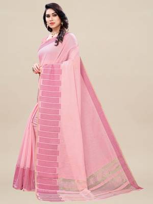 Pink woven linen saree with blouse 4