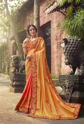 Mustard embroidered silk blend saree with blouse 1