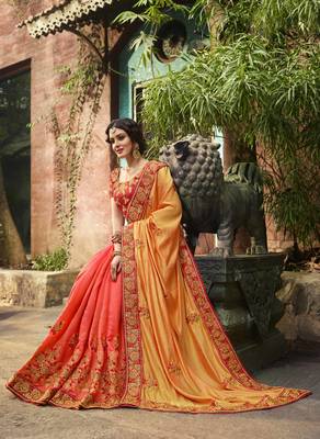 Mustard embroidered silk blend saree with blouse 3