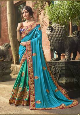 Sea green embroidered silk blend saree with blouse 1