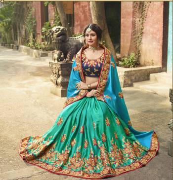 Sea green embroidered silk blend saree with blouse 3