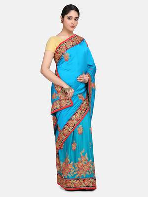 Sea green embroidered silk blend saree with blouse 4