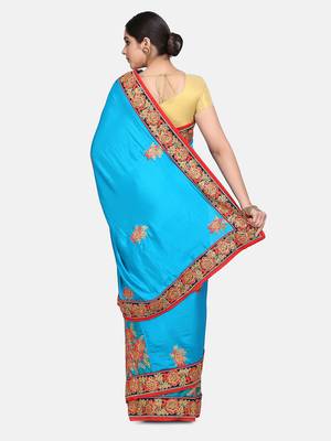 Sea green embroidered silk blend saree with blouse 5