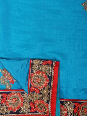 Sea green embroidered silk blend saree with blouse 6