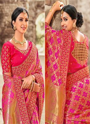 Pink woven Banarasi silk blend saree with blouse 3