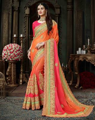 Orange embroidered chiffon saree with blouse 1