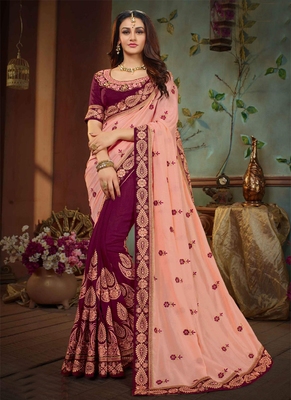 Peach Embroidered Silk Blend Saree With Unstitched Blouse Piece