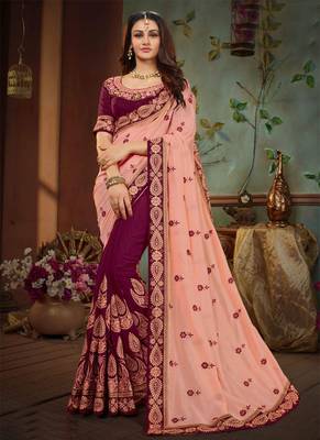 Peach Embroidered Silk Blend Saree With Blouse 1