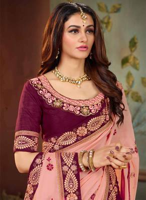 Peach Embroidered Silk Blend Saree With Blouse 3