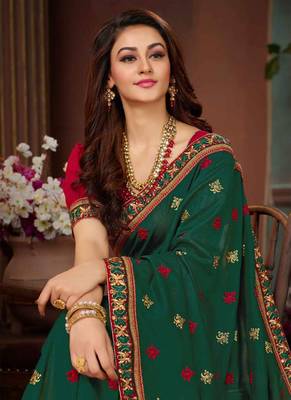 Dark green embroidered silk blend saree with blouse 3