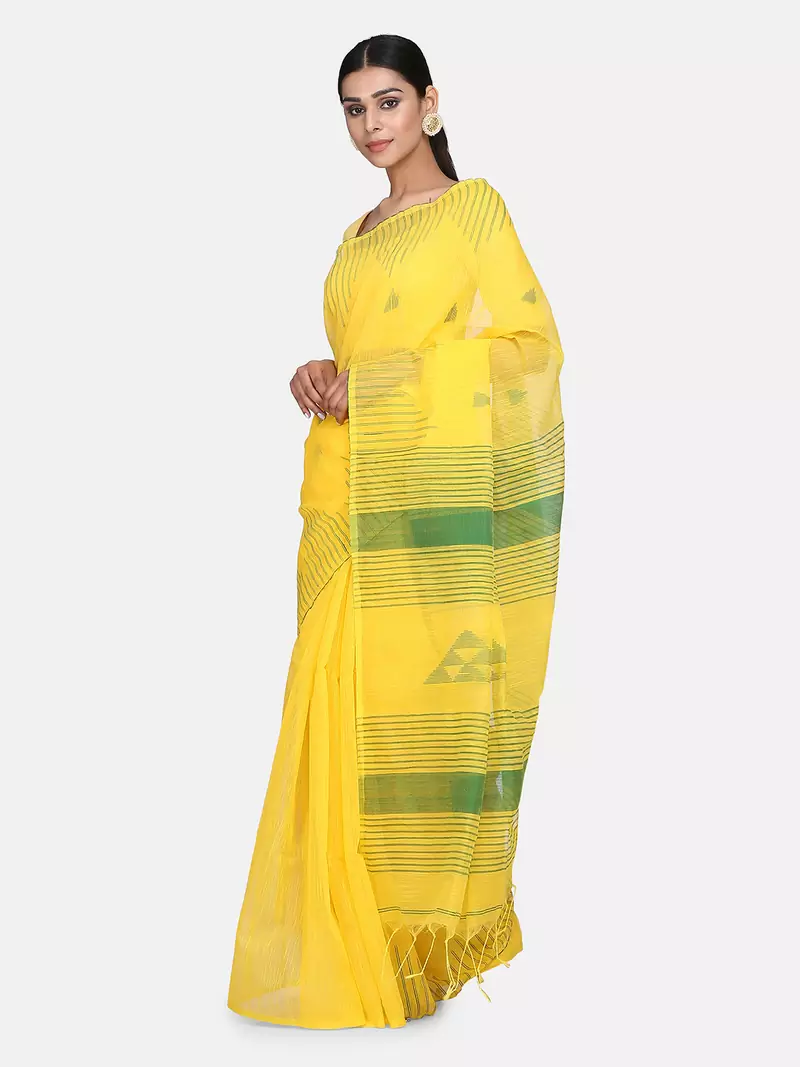 Yellow Triangle Design Hand Weaven Cotton Silk Handloom Saree With Blouse