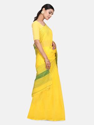 Yellow Triangle Design Hand Weaven Cotton Silk Handloom Saree With Blouse 3
