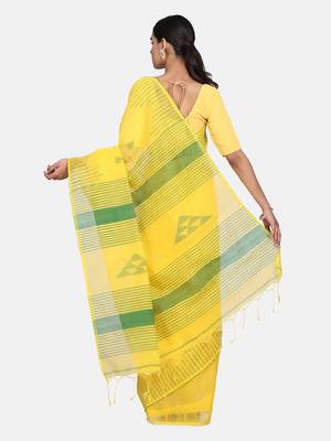Yellow Triangle Design Hand Weaven Cotton Silk Handloom Saree With Blouse 4