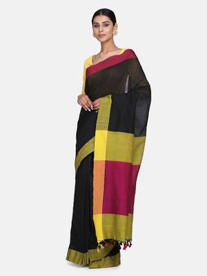 Black Plain Work Khadi Cotton Handloom Saree With Blouse 1