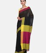 Black Plain Work Khadi Cotton Handloom Saree With Blouse