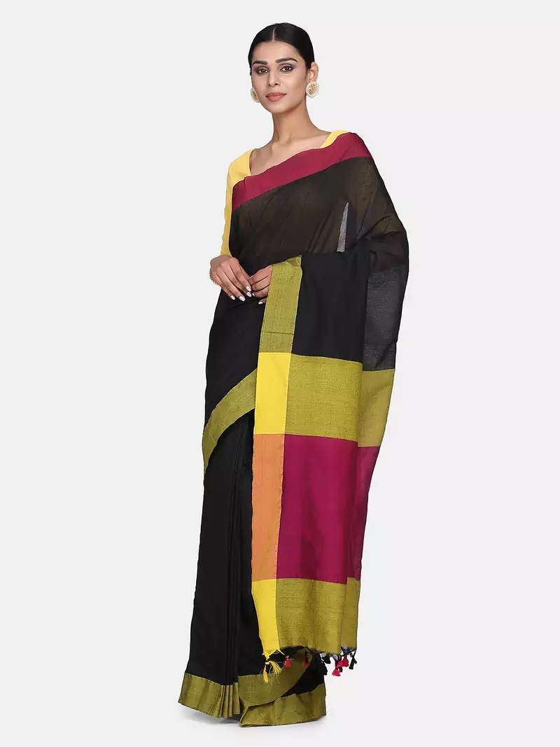 Black Plain Work Khadi Cotton Handloom Saree With Blouse