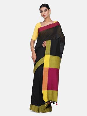 Black Plain Work Khadi Cotton Handloom Saree With Blouse 3