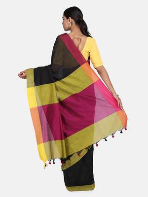 Black Plain Work Khadi Cotton Handloom Saree With Blouse 4