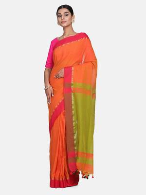 Rust Plain Work Khadi Cotton Handloom Saree With Blouse 3