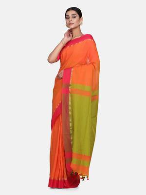 Rust Plain Work Khadi Cotton Handloom Saree With Blouse 4