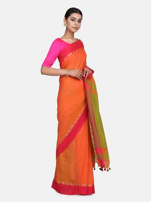 Rust Plain Work Khadi Cotton Handloom Saree With Blouse 1