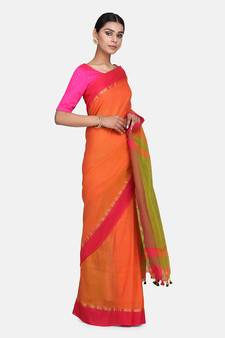 Rust Plain Work Khadi Cotton Handloom Saree With Blouse