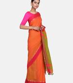 Rust Plain Work Khadi Cotton Handloom Saree With Blouse