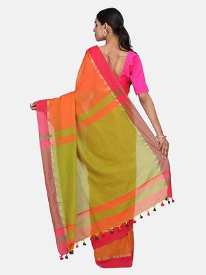 Rust Plain Work Khadi Cotton Handloom Saree With Blouse 5