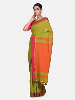 Pesta Plain Work Khadi Cotton Handloom Saree With Blouse 1