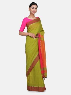 Pesta Plain Work Khadi Cotton Handloom Saree With Blouse 3