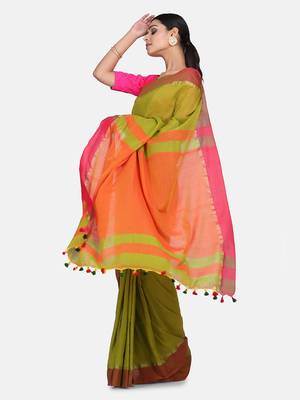 Pesta Plain Work Khadi Cotton Handloom Saree With Blouse 4