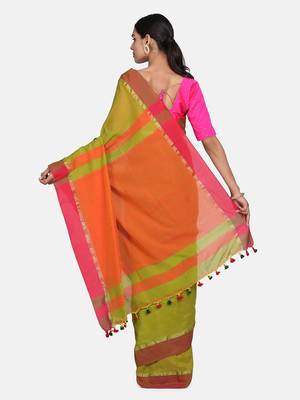 Pesta Plain Work Khadi Cotton Handloom Saree With Blouse 5