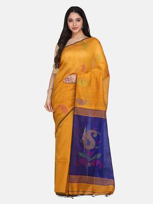 Mustard Jamdani Work Cotton Silk Handloom Saree With Blouse 1