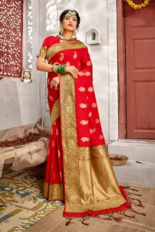 Red woven art silk saree with blouse