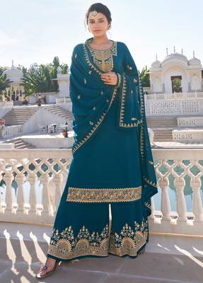 Teal embroidered faux georgette salwar 1