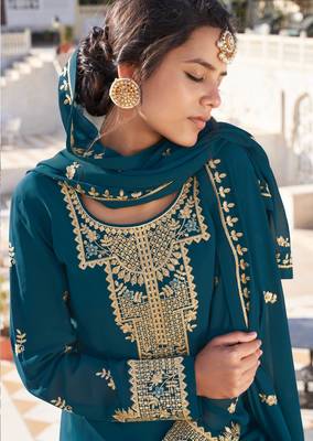Teal embroidered faux georgette salwar 2