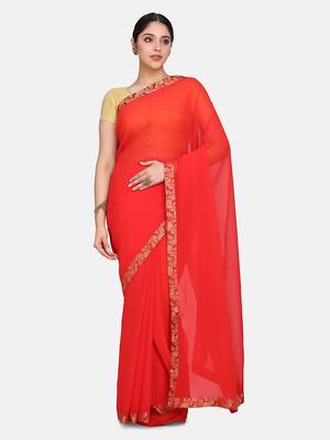 Red Plain Georgette Saree With Blouse 1