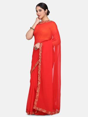 Red Plain Georgette Saree With Blouse 3