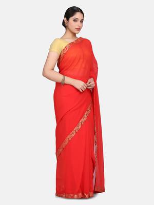 Red Plain Georgette Saree With Blouse 4