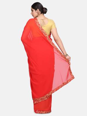 Red Plain Georgette Saree With Blouse 5