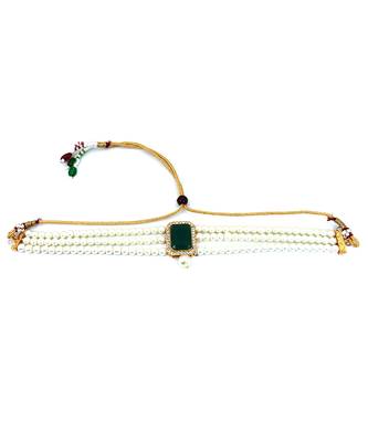 Green Stone Pendant Pearl Choker Earrings Set 3