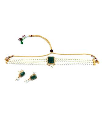 Green Stone Pendant Pearl Choker Earrings Set 4