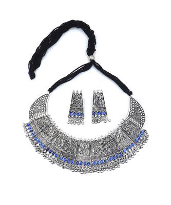 Silver Oxidized German Plated Bead Choker with Earring Necklace Set 3