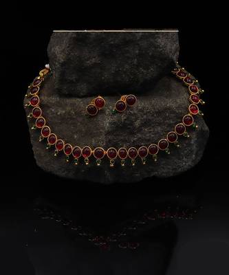 Gold Plated Red Stone Studded Necklace Set For Women 7