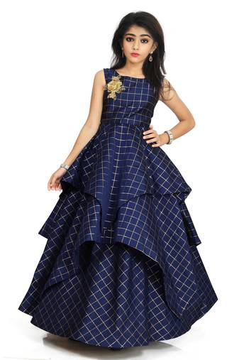 Kids Blue Cotton Silk Gown For Girls 