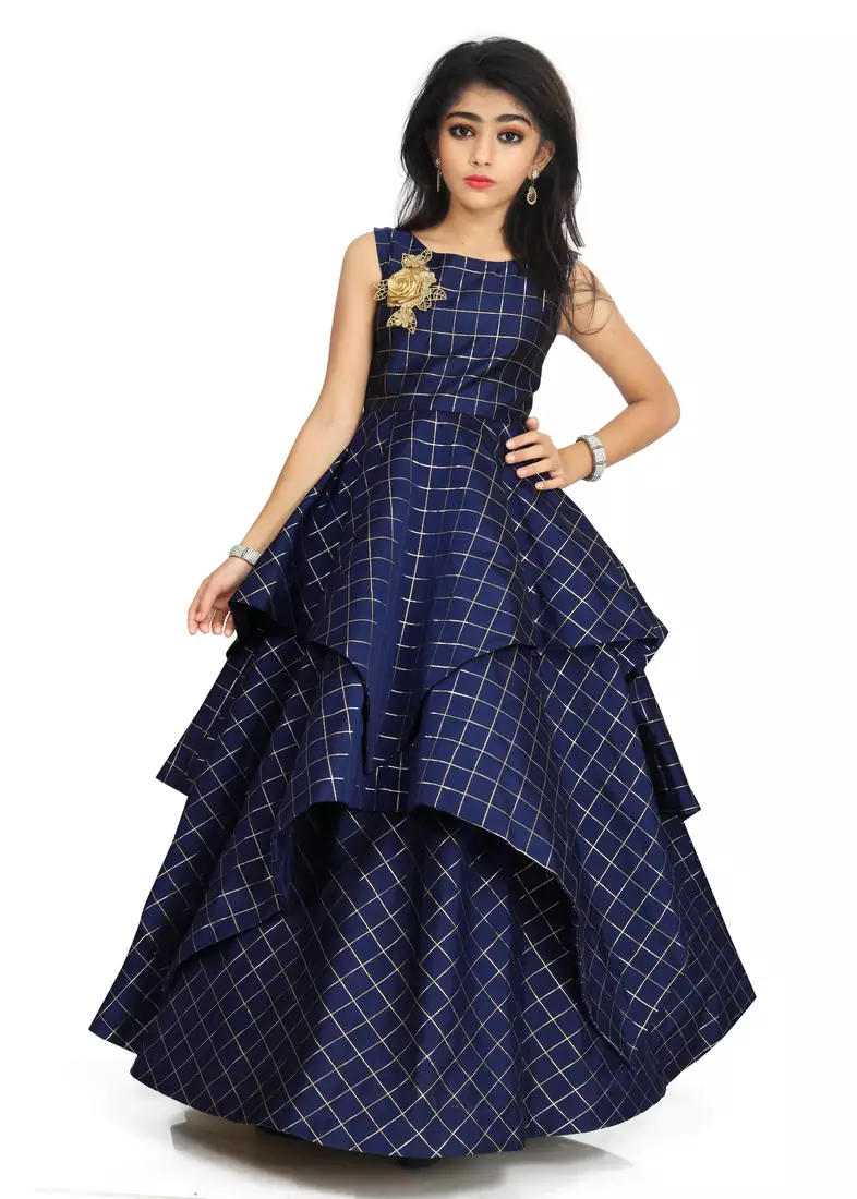 Kids Blue Cotton Silk Gown For Girls 