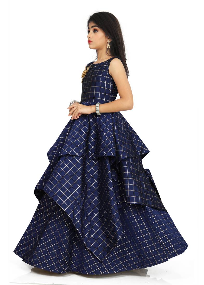Kids Blue Cotton Silk Gown For Girls 