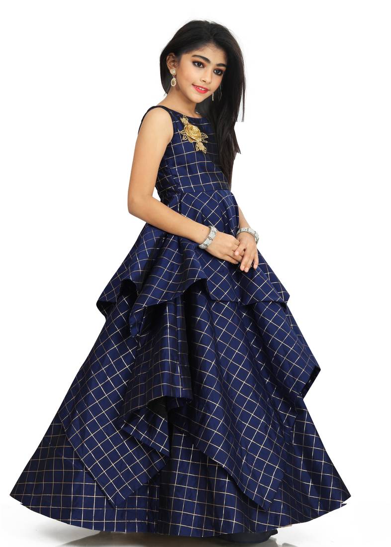 Kids Blue Cotton Silk Gown For Girls 